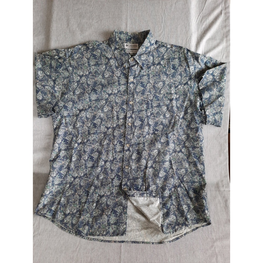VTG Columbia Sportswear Mens XL Allover Print Art Logo Button Shirt Short Sleeve